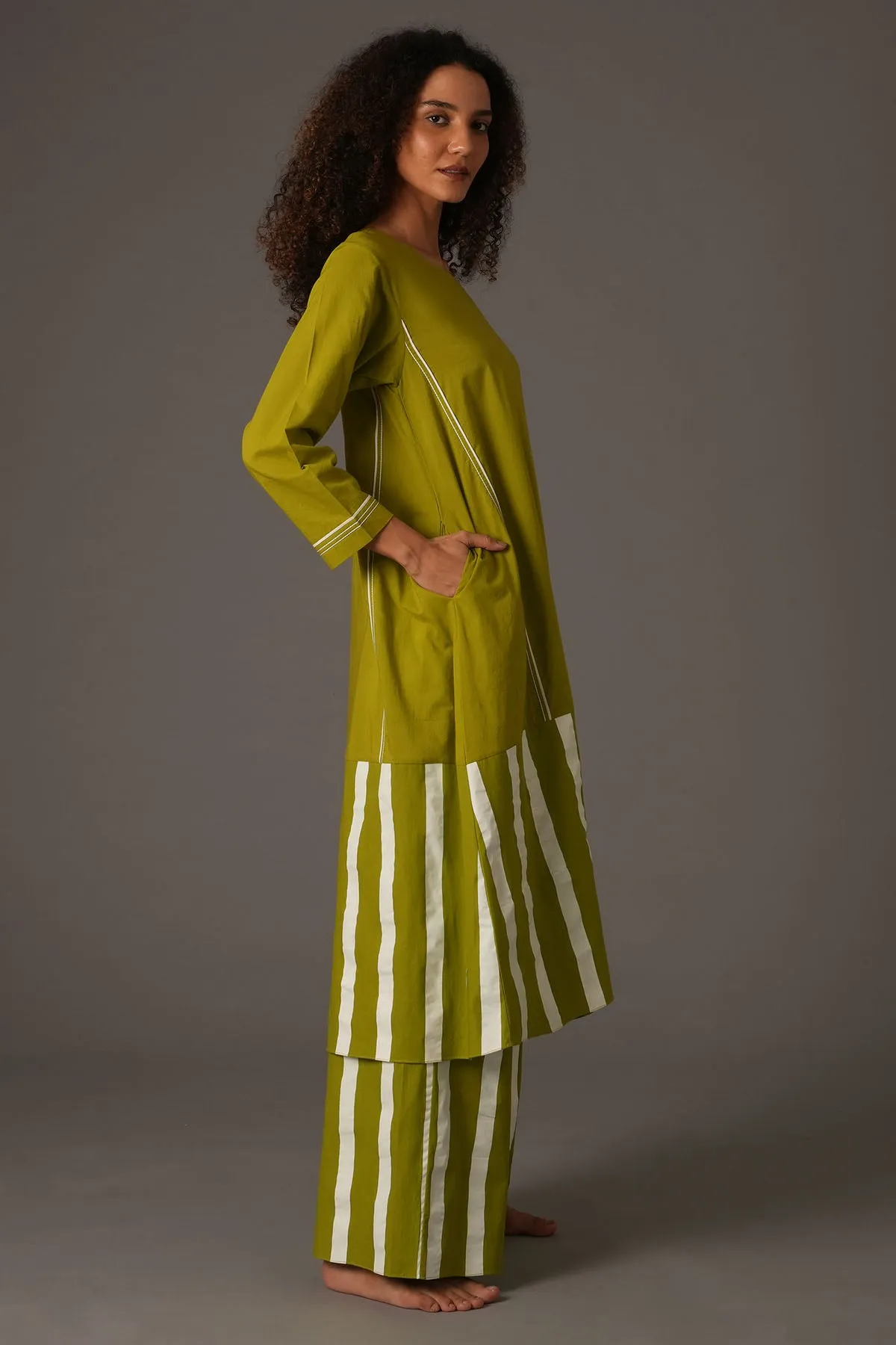 Green Stripes Flared Kurta Set