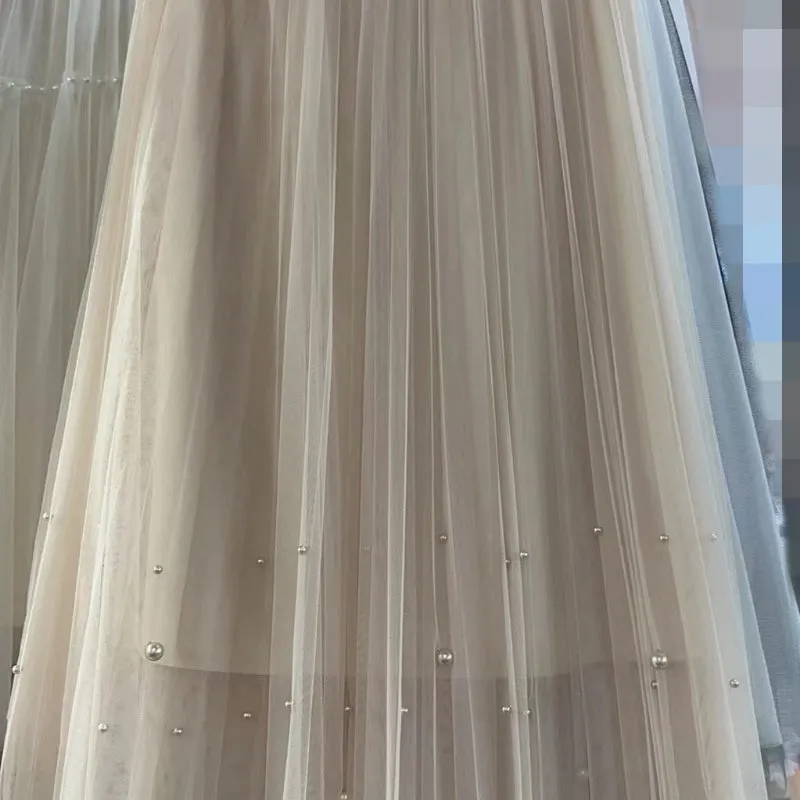 Heavy Industry Nail Bead Mesh Pleated High Waisted Skirt