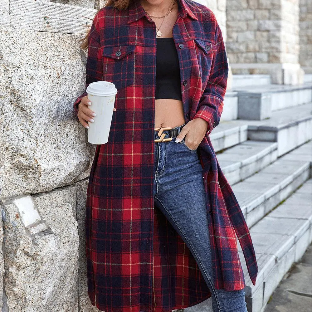 Impressive Red Plaid Knee Length Shacket