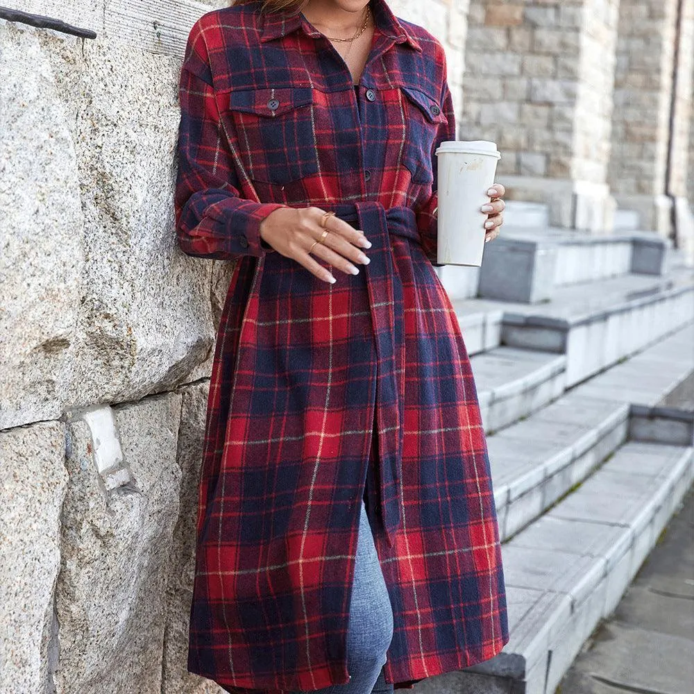 Impressive Red Plaid Knee Length Shacket