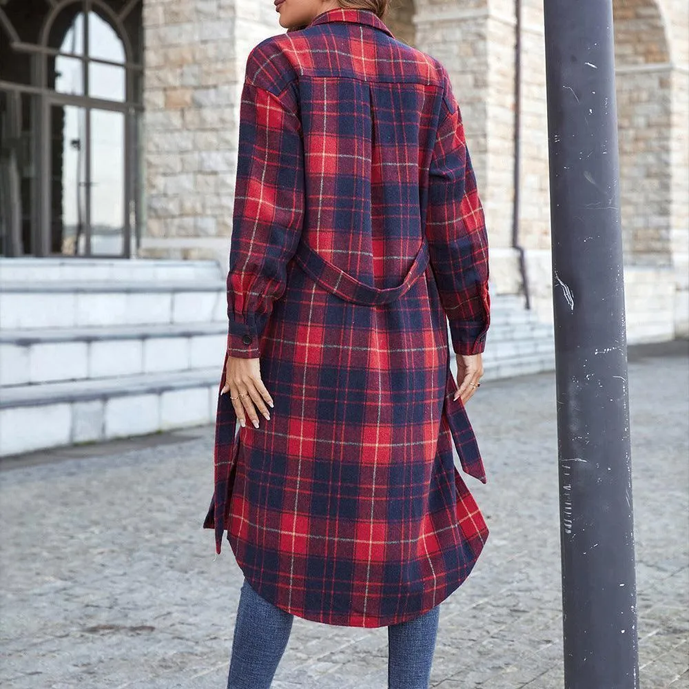Impressive Red Plaid Knee Length Shacket