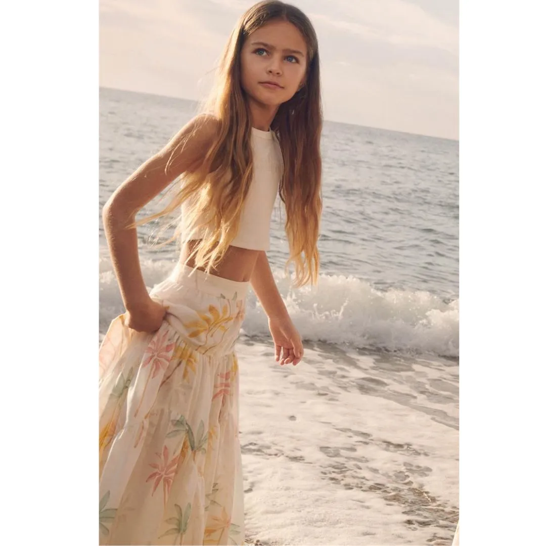 Ivory Palm Print Long Skirt