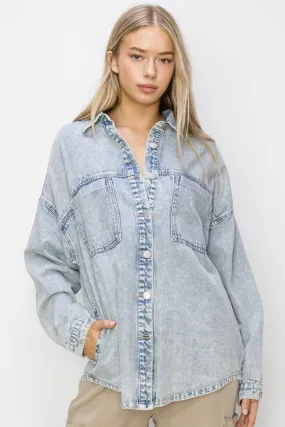 Light Acid Wash Button Up Long Sleeve Denim Shacket