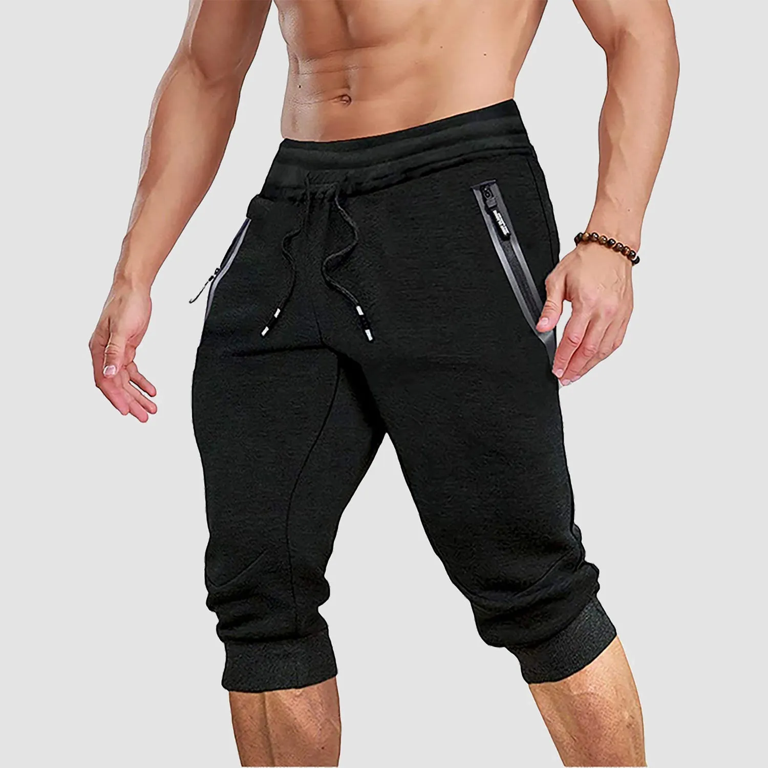 Men's 3/4 Jogger Capri Pants with Zipper Pockets Knee Length Running Training Workout Shorts