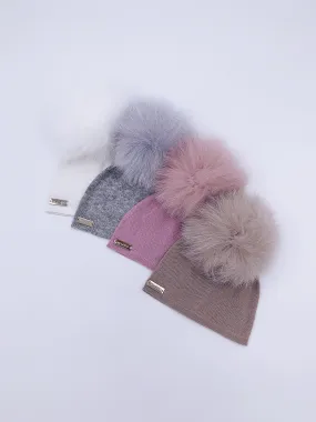 MI LOVES SIGNATURE LUXURIOUS FINE KNIT ANGORA HAT WITH FOX FUR POMPOM