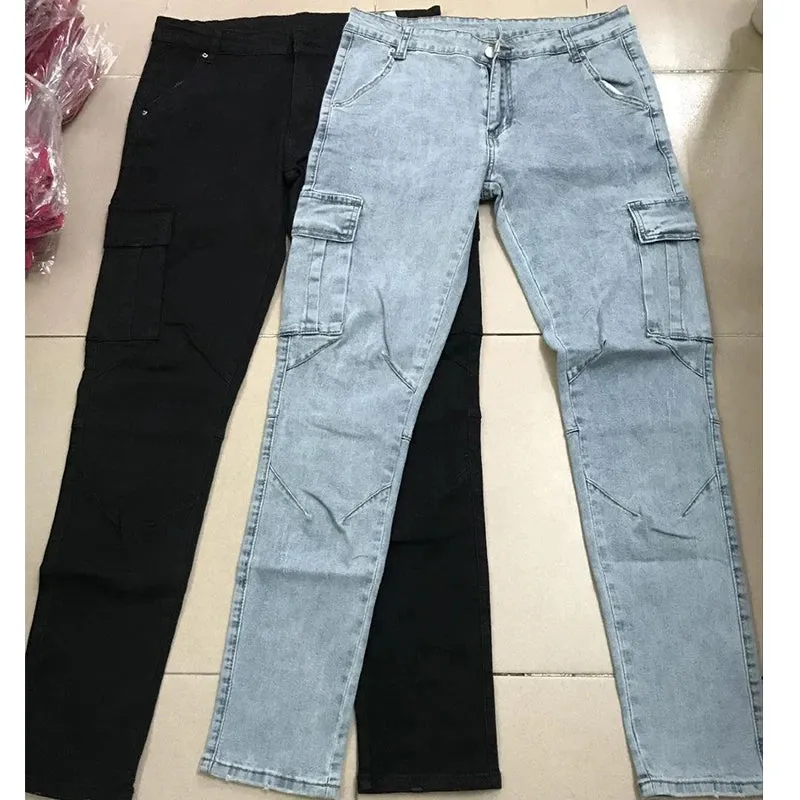 Multi Pockets Denim Mid Waist Cargo Jeans Plus Size Fahsion .