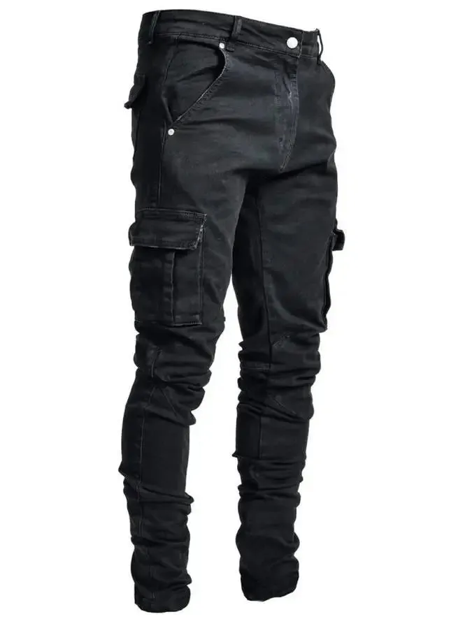 Multi Pockets Denim Mid Waist Cargo Jeans Plus Size Fahsion .