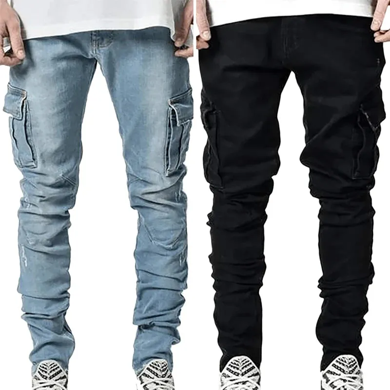 Multi Pockets Denim Mid Waist Cargo Jeans Plus Size Fahsion .