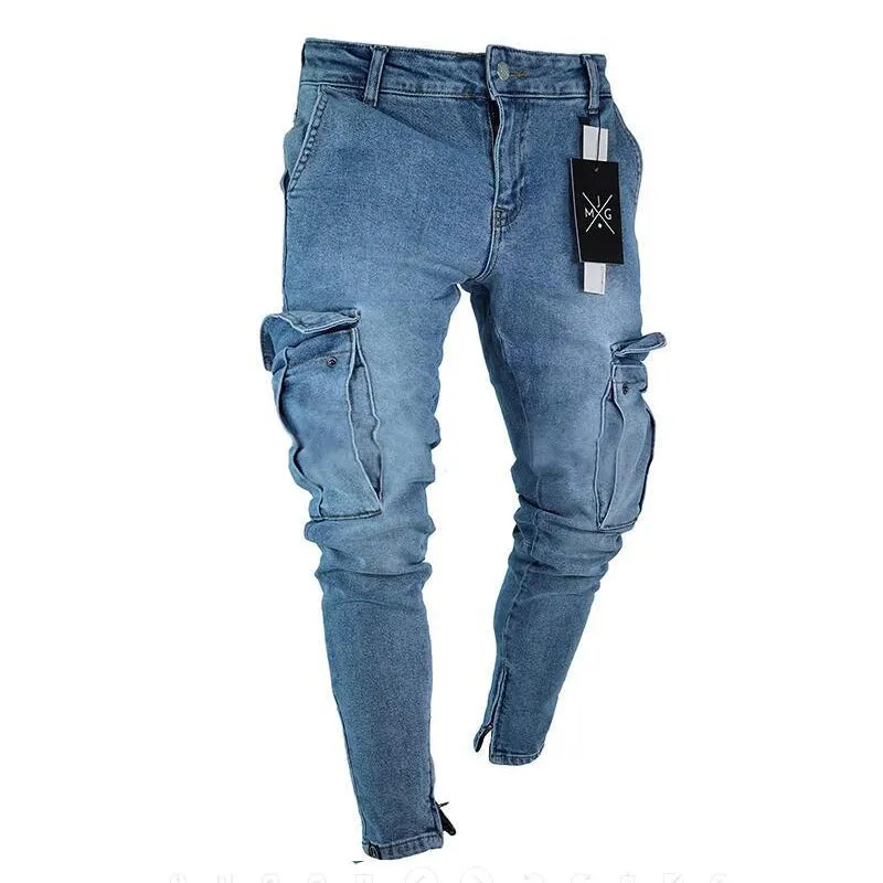 Multi Pockets Denim Mid Waist Cargo Jeans Plus Size Fahsion .