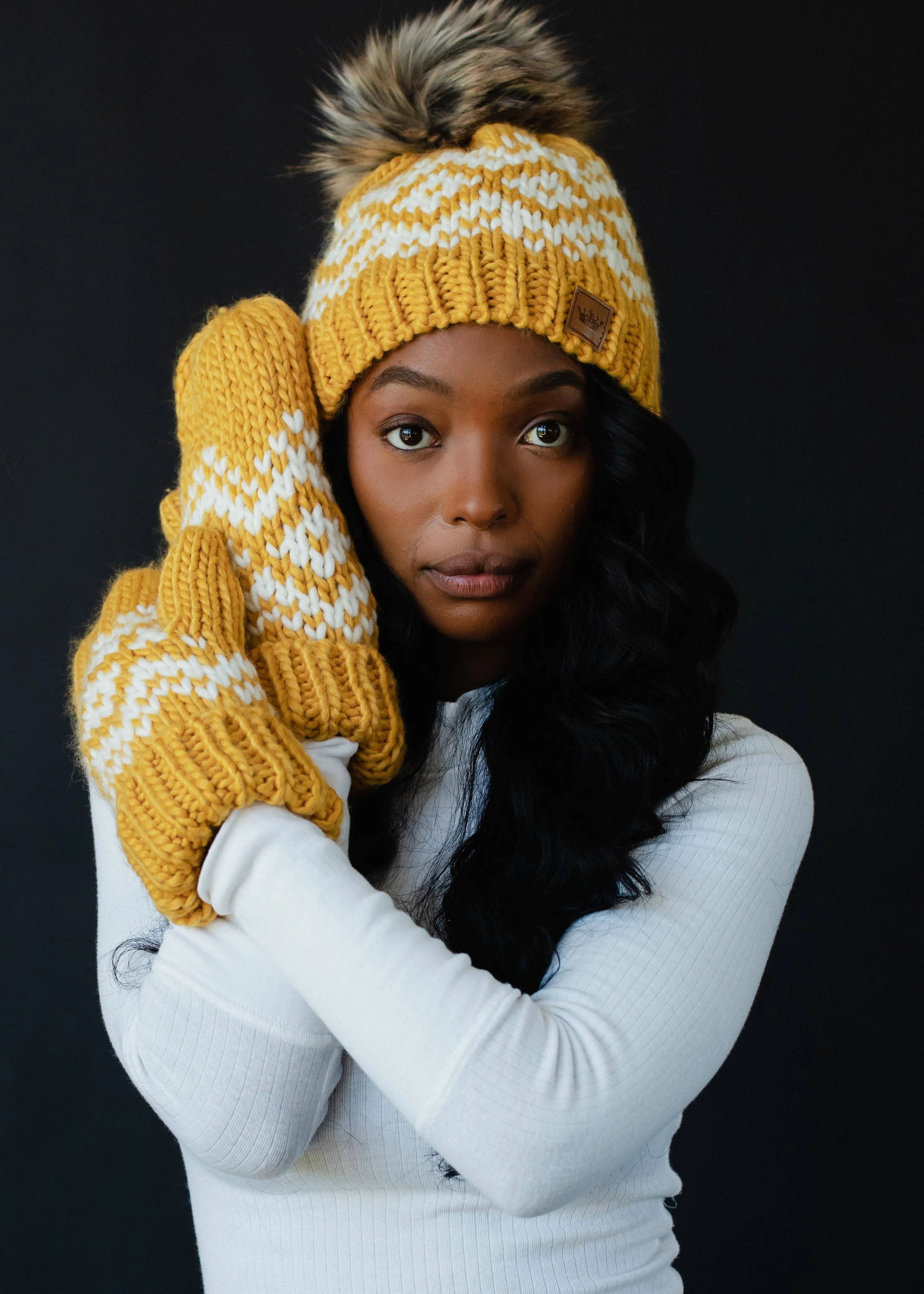 Mustard & White Patterned Pom Hat