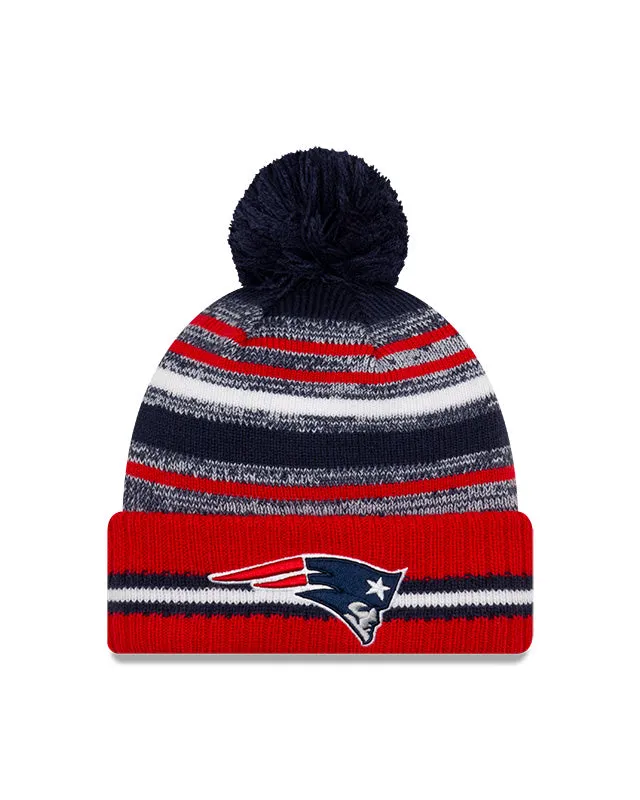 New England Patriots New Era 2021 NFL Sideline - Sport Official Pom Cuffed Knit Hat - Red/Navy