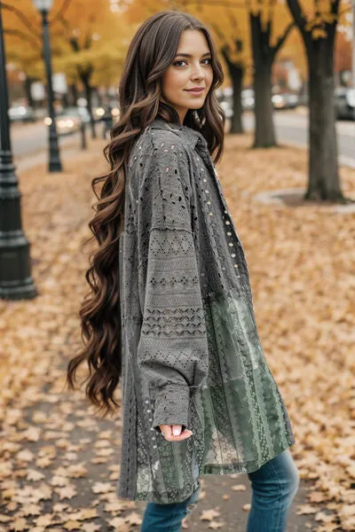 Openwork Button Up Long Sleeve Shacket | Casual Shacket With Single Chest Pocket