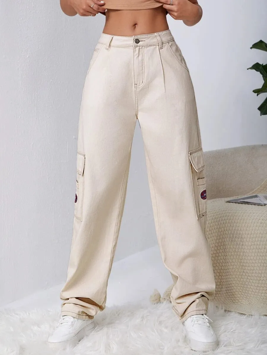 Patched Detail Pocket Wide Leg Jeans