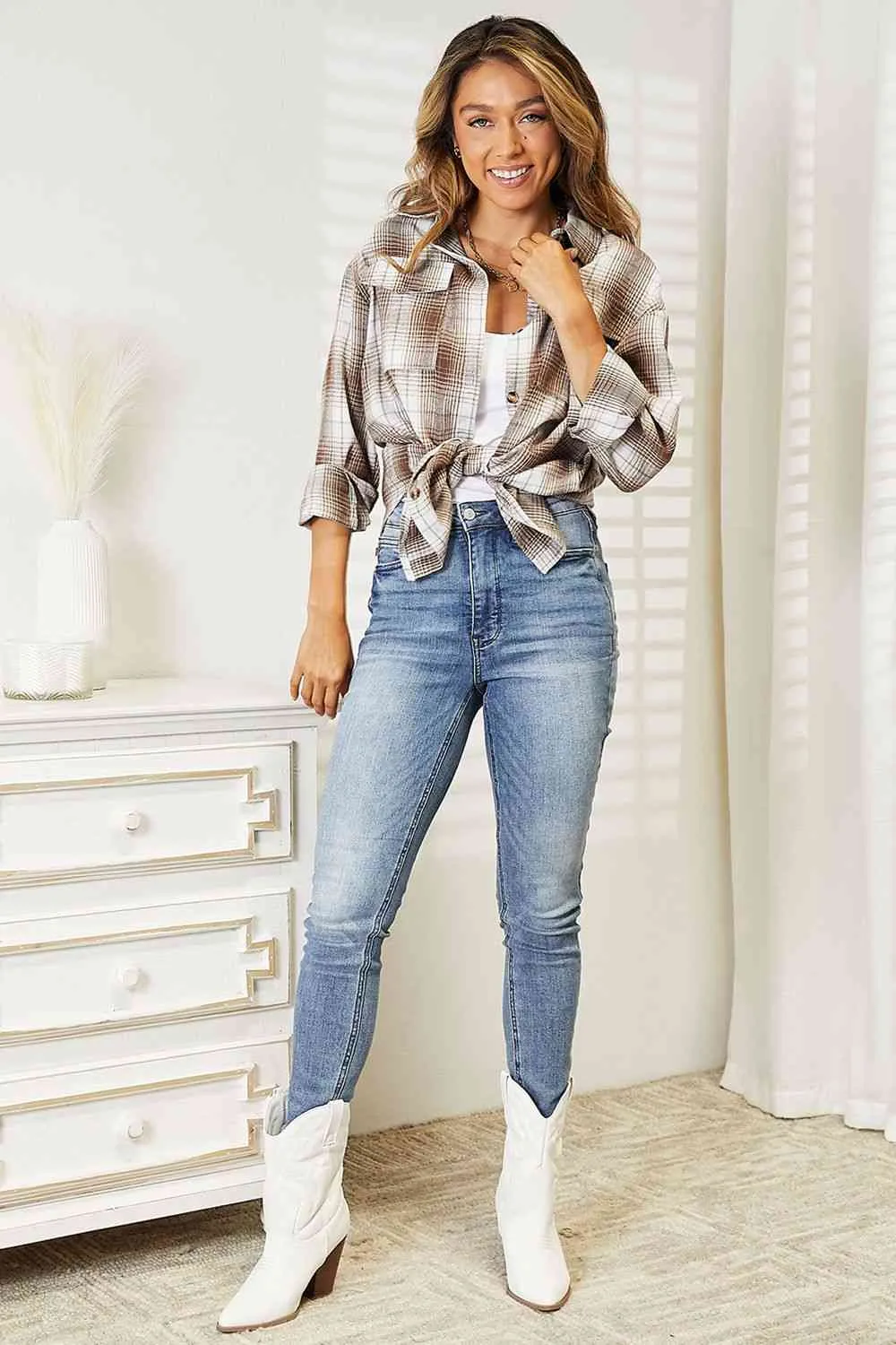 Plaid Dropped Shoulder Shirt - MULTI COLORS *