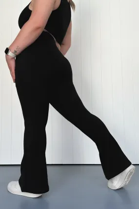 Plain Black - Fleece - Regular Flarey Leggings - Pockets