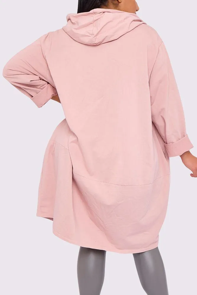 Plain Tiered Longline Zip Up Cotton Hoody