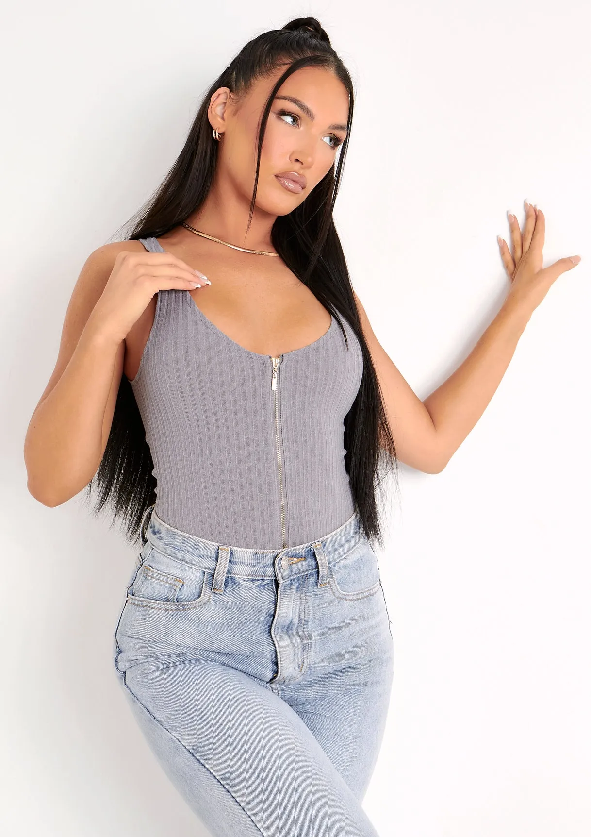 Psalm Grey Plunge Zip Ribbed Bodysuit