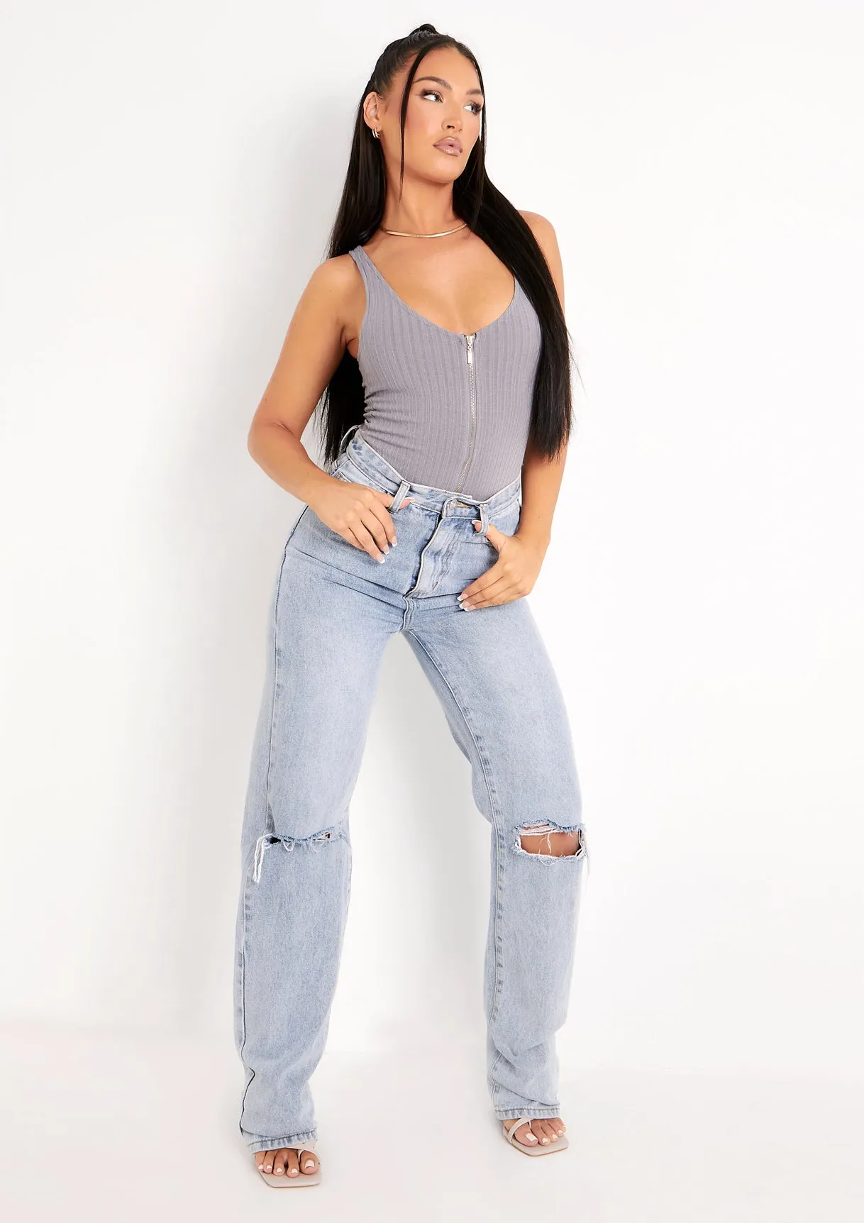 Psalm Grey Plunge Zip Ribbed Bodysuit