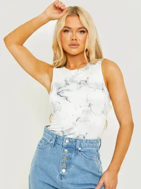 Sally Tie-Dye Slinky Racer Back Sleeveless Bodysuit In White