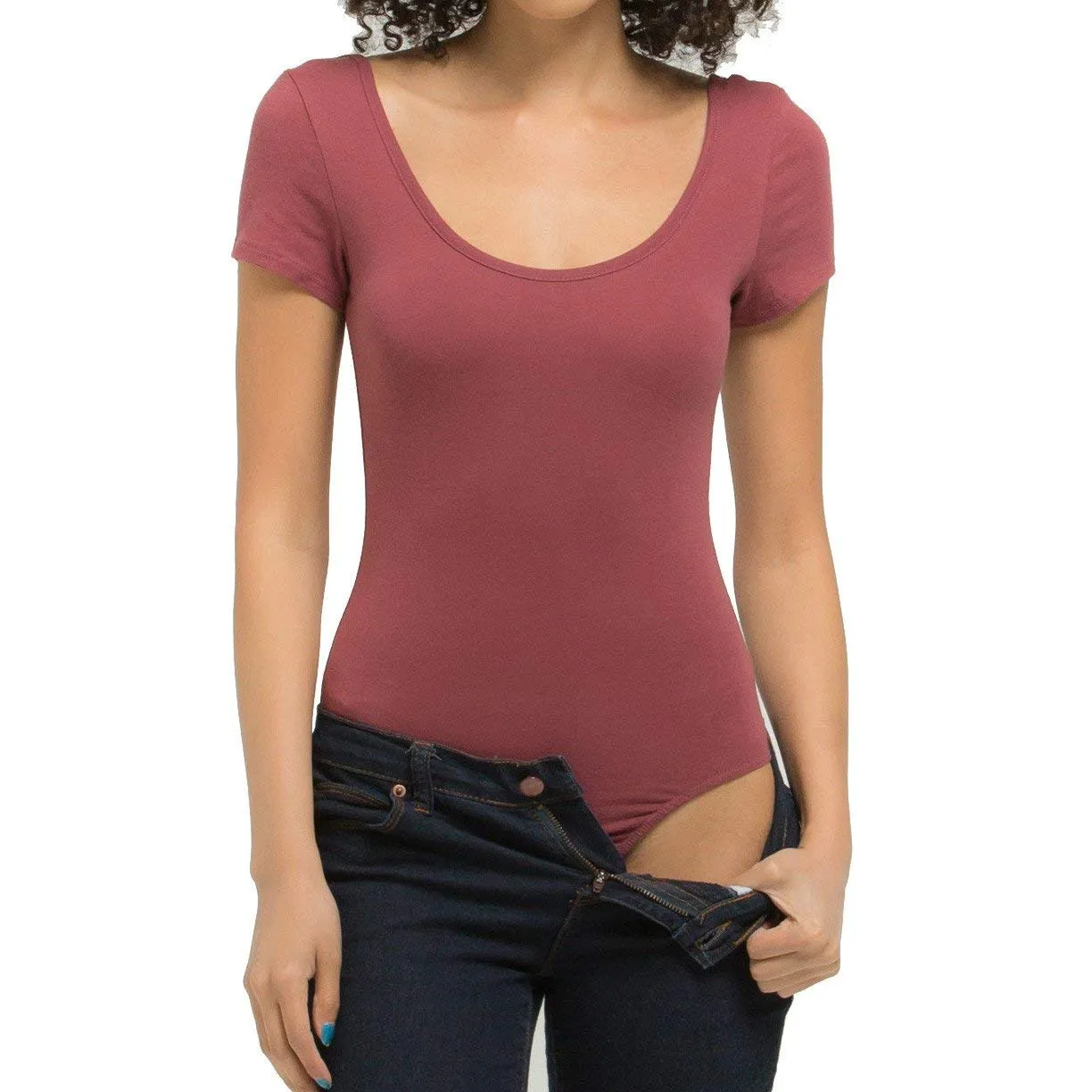 Short Sleeve Scoop Neck Solid Plain Thong Bodysuit
