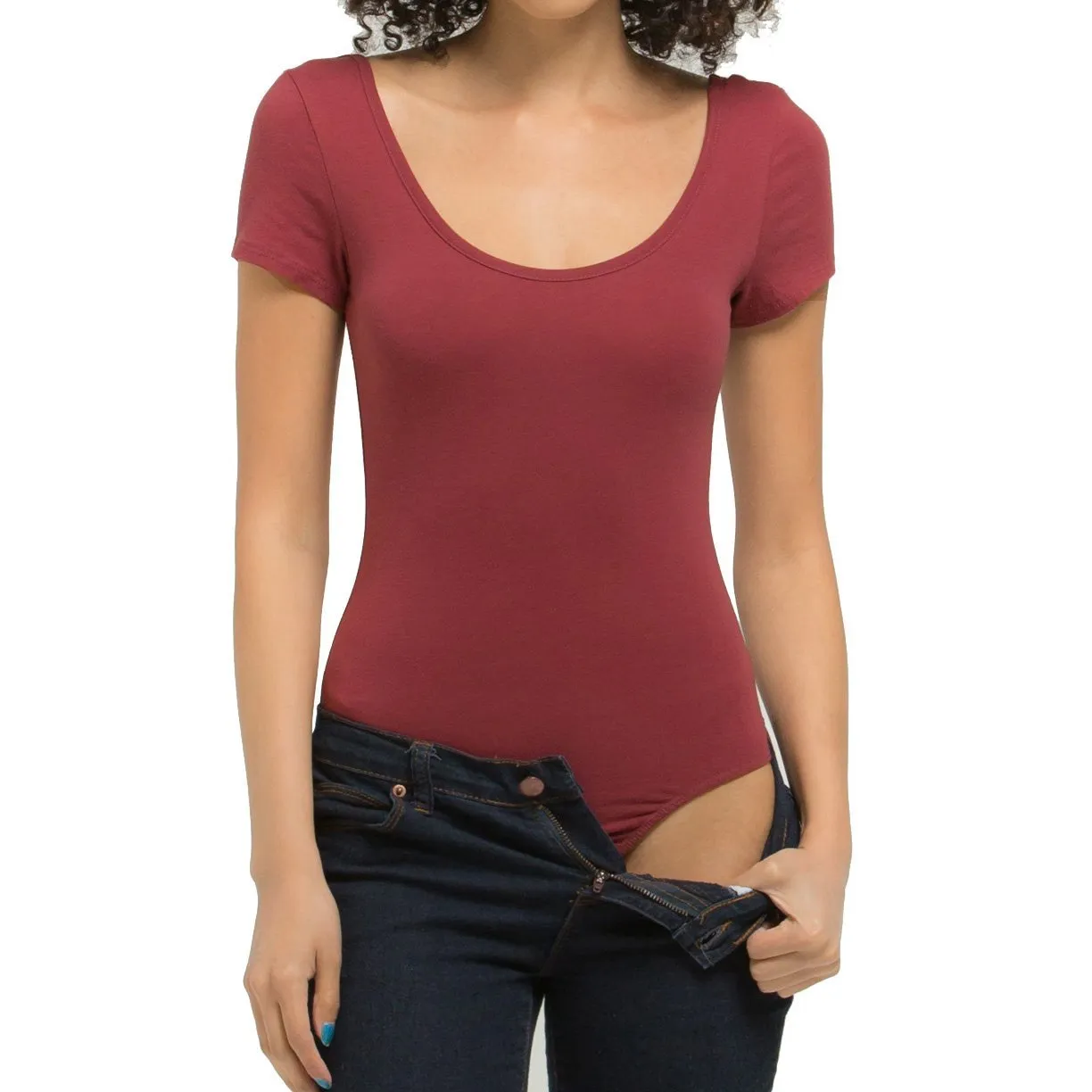 Short Sleeve Scoop Neck Solid Plain Thong Bodysuit