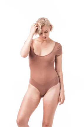 Short Sleeve Scoop Neck Solid Plain Thong Bodysuit