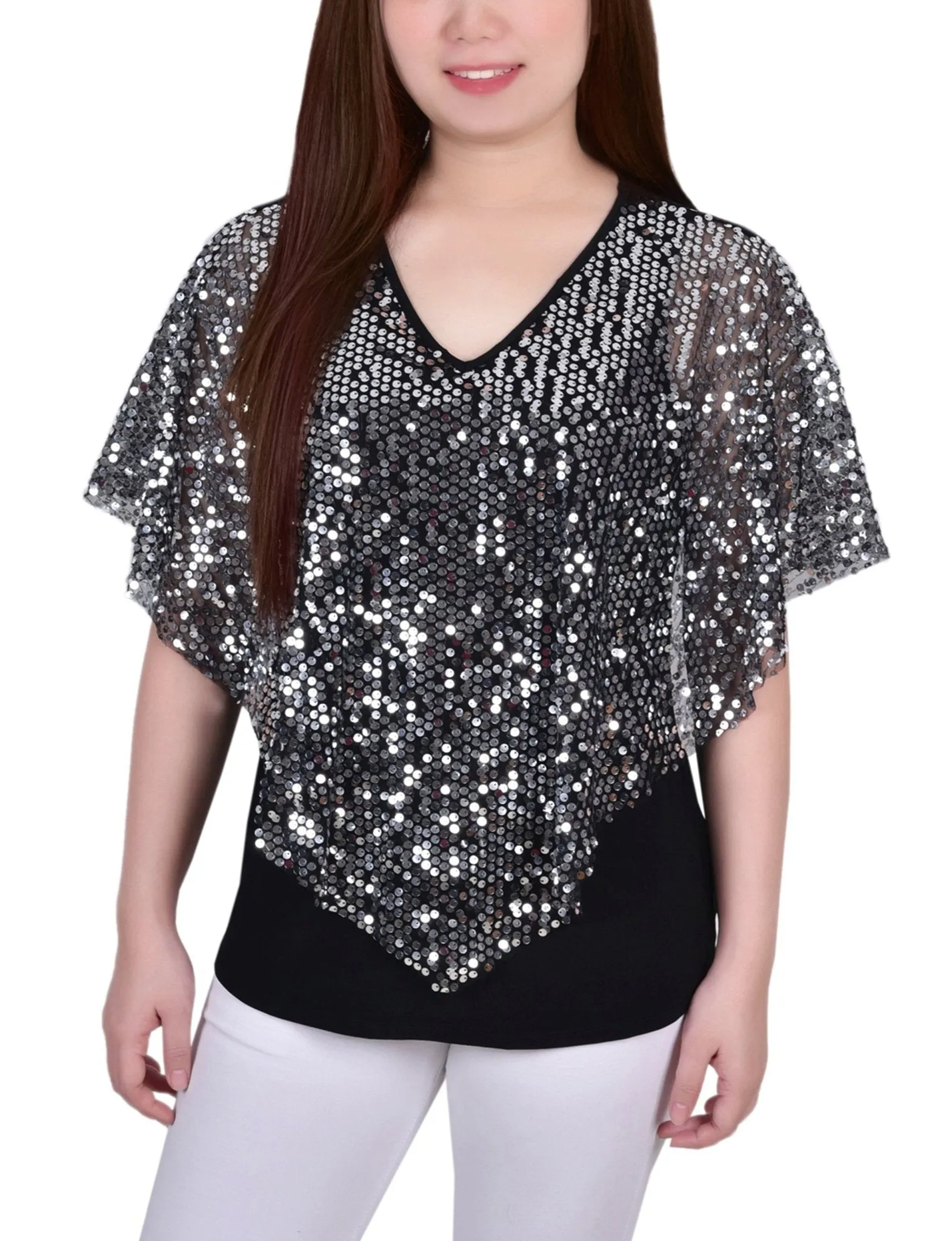 Silver Discoball 3/4 Sleeve Blouse With Necklace - Petite
