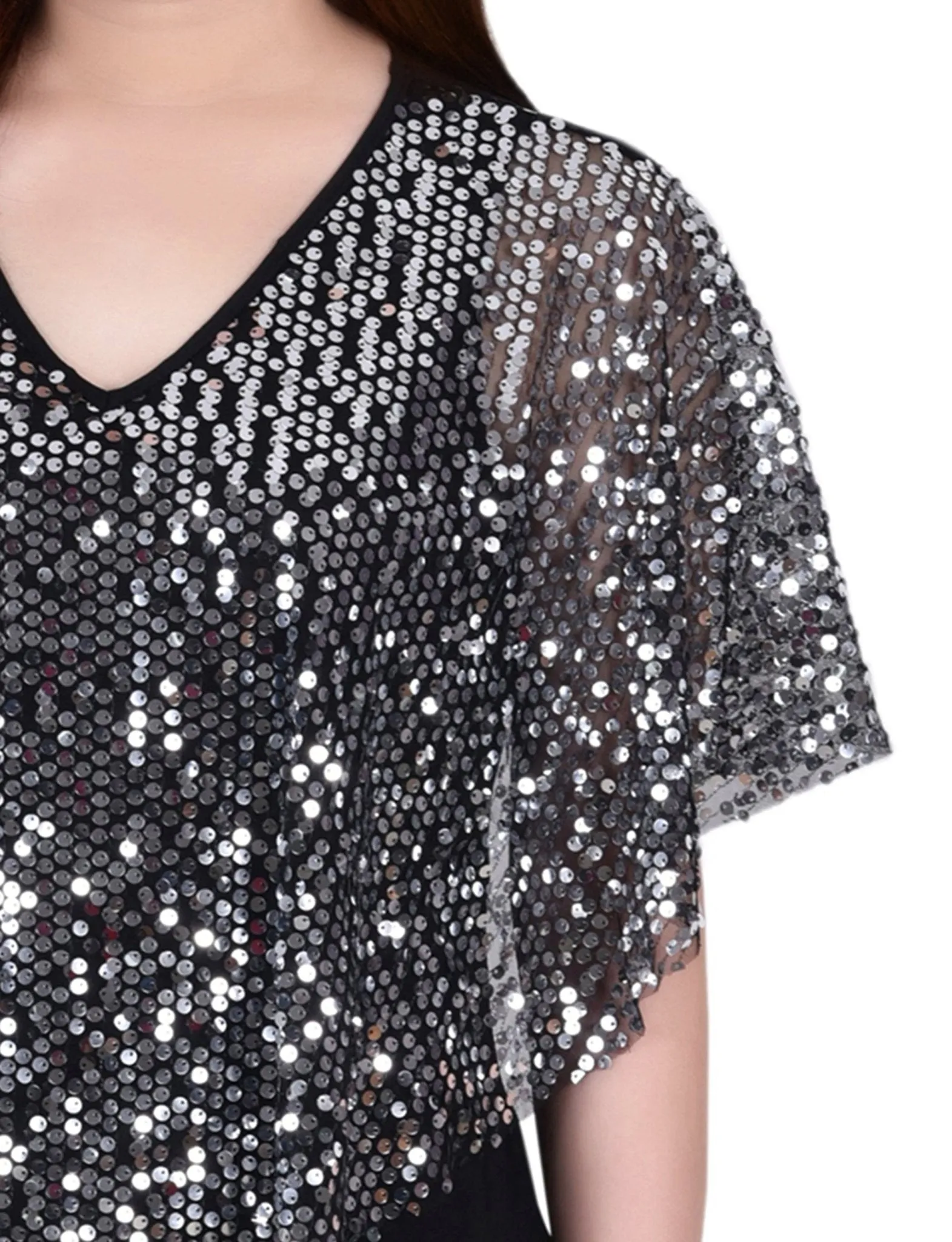 Silver Discoball 3/4 Sleeve Blouse With Necklace - Petite