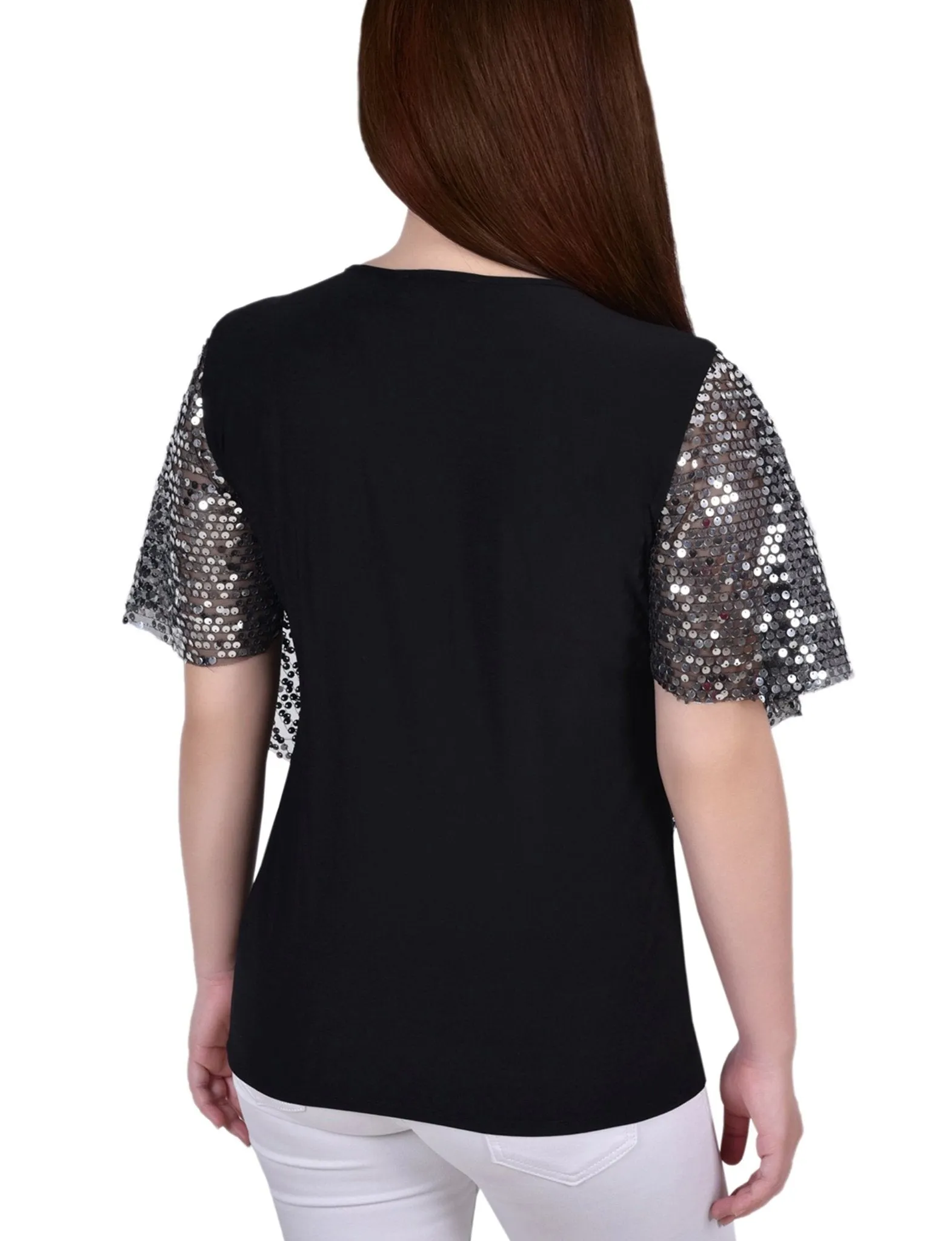Silver Discoball 3/4 Sleeve Blouse With Necklace - Petite