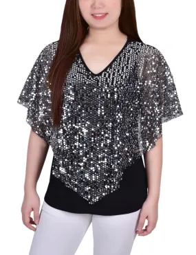 Silver Discoball 3/4 Sleeve Blouse With Necklace - Petite