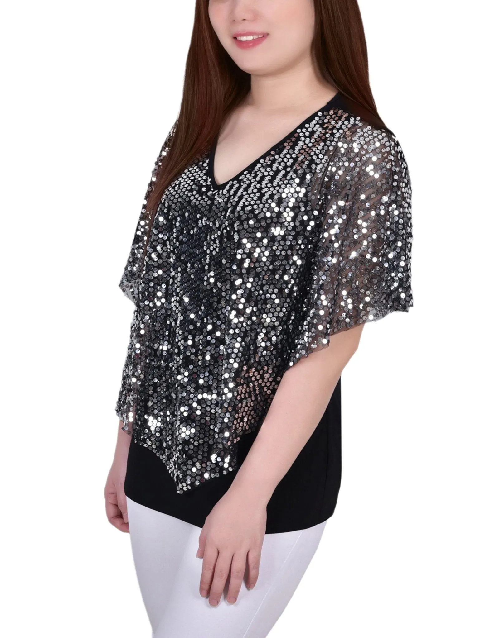 Silver Discoball 3/4 Sleeve Blouse With Necklace - Petite