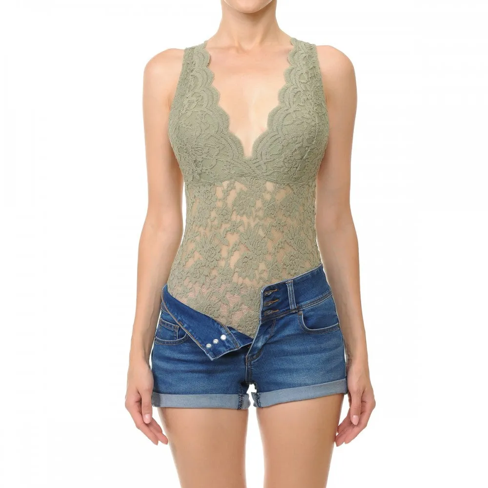 Sleeveless V Neck Racer Back Lace Snap Playsuit Bodysuit