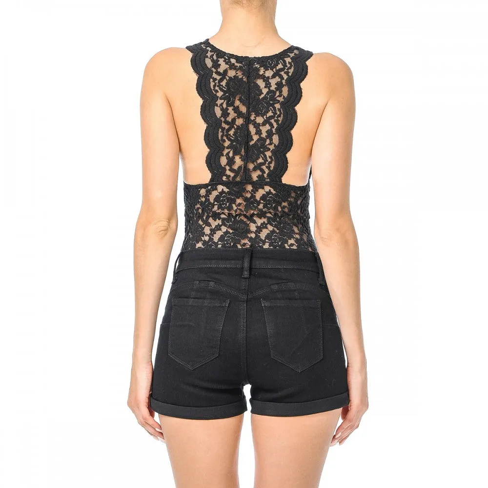 Sleeveless V Neck Racer Back Lace Snap Playsuit Bodysuit