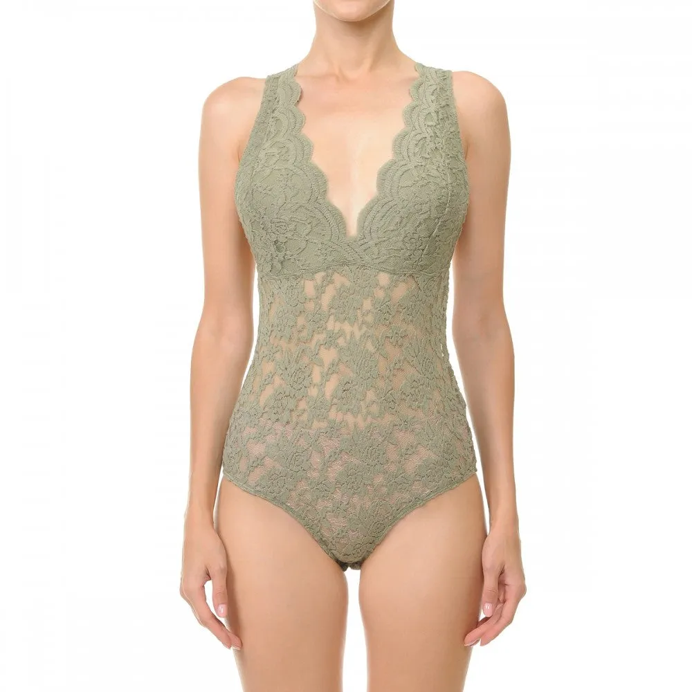 Sleeveless V Neck Racer Back Lace Snap Playsuit Bodysuit