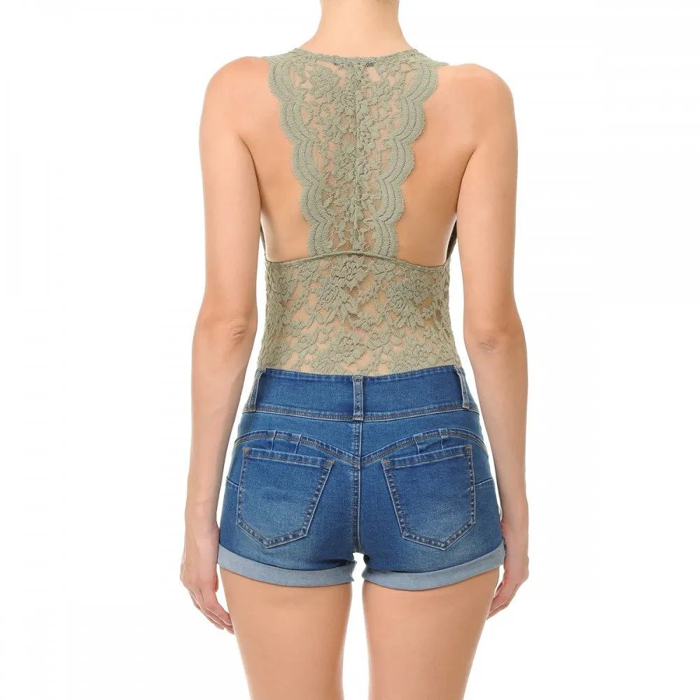 Sleeveless V Neck Racer Back Lace Snap Playsuit Bodysuit