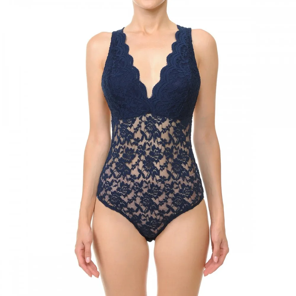 Sleeveless V Neck Racer Back Lace Snap Playsuit Bodysuit