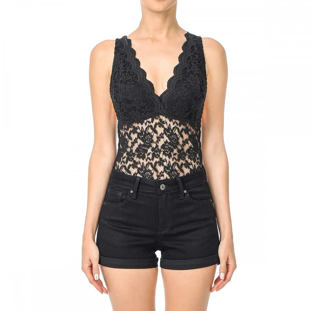 Sleeveless V Neck Racer Back Lace Snap Playsuit Bodysuit