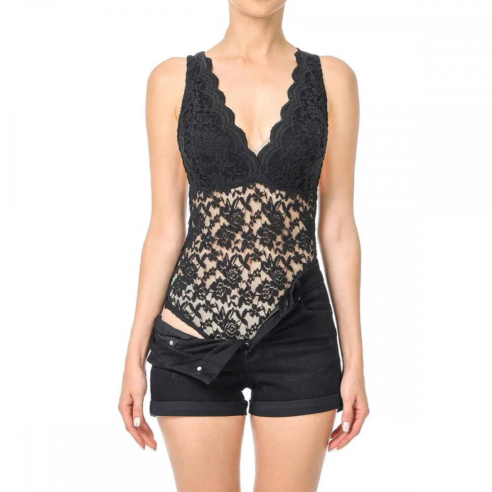 Sleeveless V Neck Racer Back Lace Snap Playsuit Bodysuit