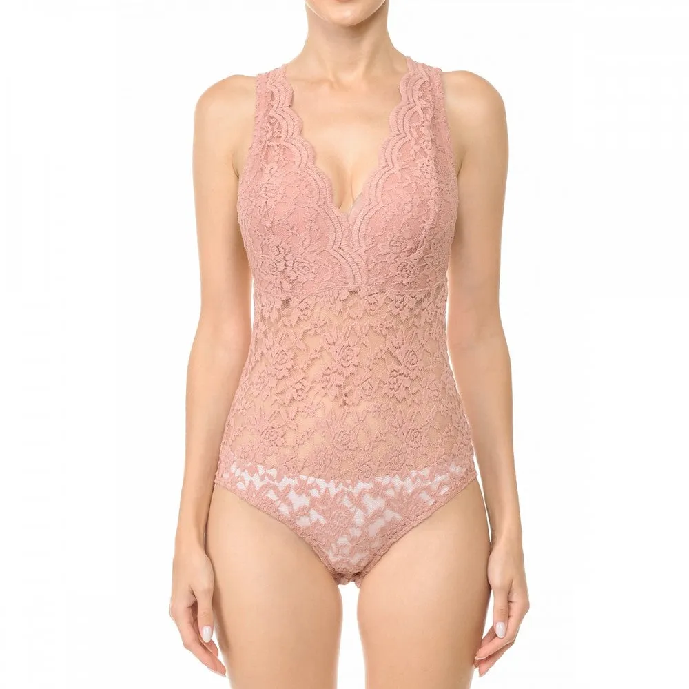 Sleeveless V Neck Racer Back Lace Snap Playsuit Bodysuit