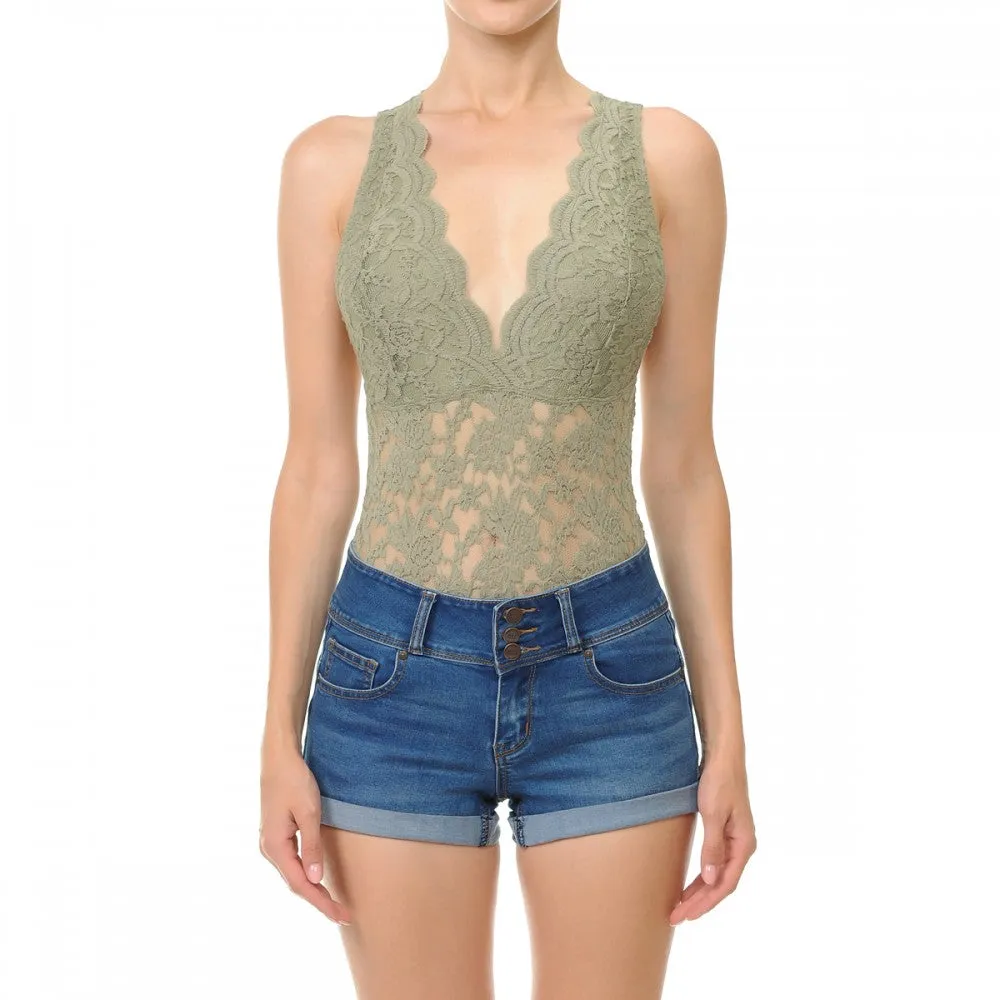 Sleeveless V Neck Racer Back Lace Snap Playsuit Bodysuit