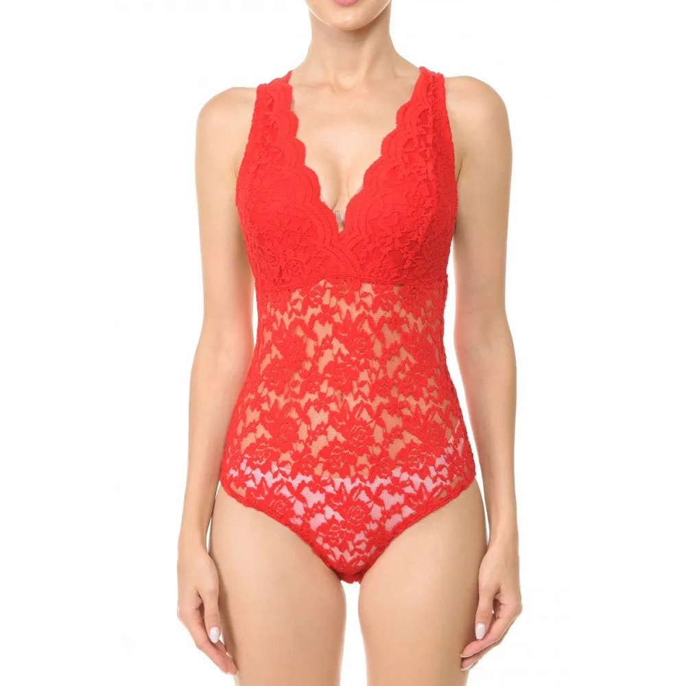 Sleeveless V Neck Racer Back Lace Snap Playsuit Bodysuit