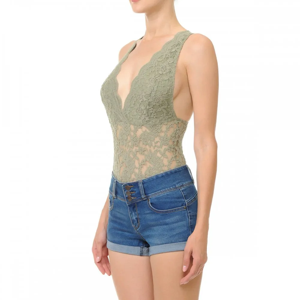 Sleeveless V Neck Racer Back Lace Snap Playsuit Bodysuit