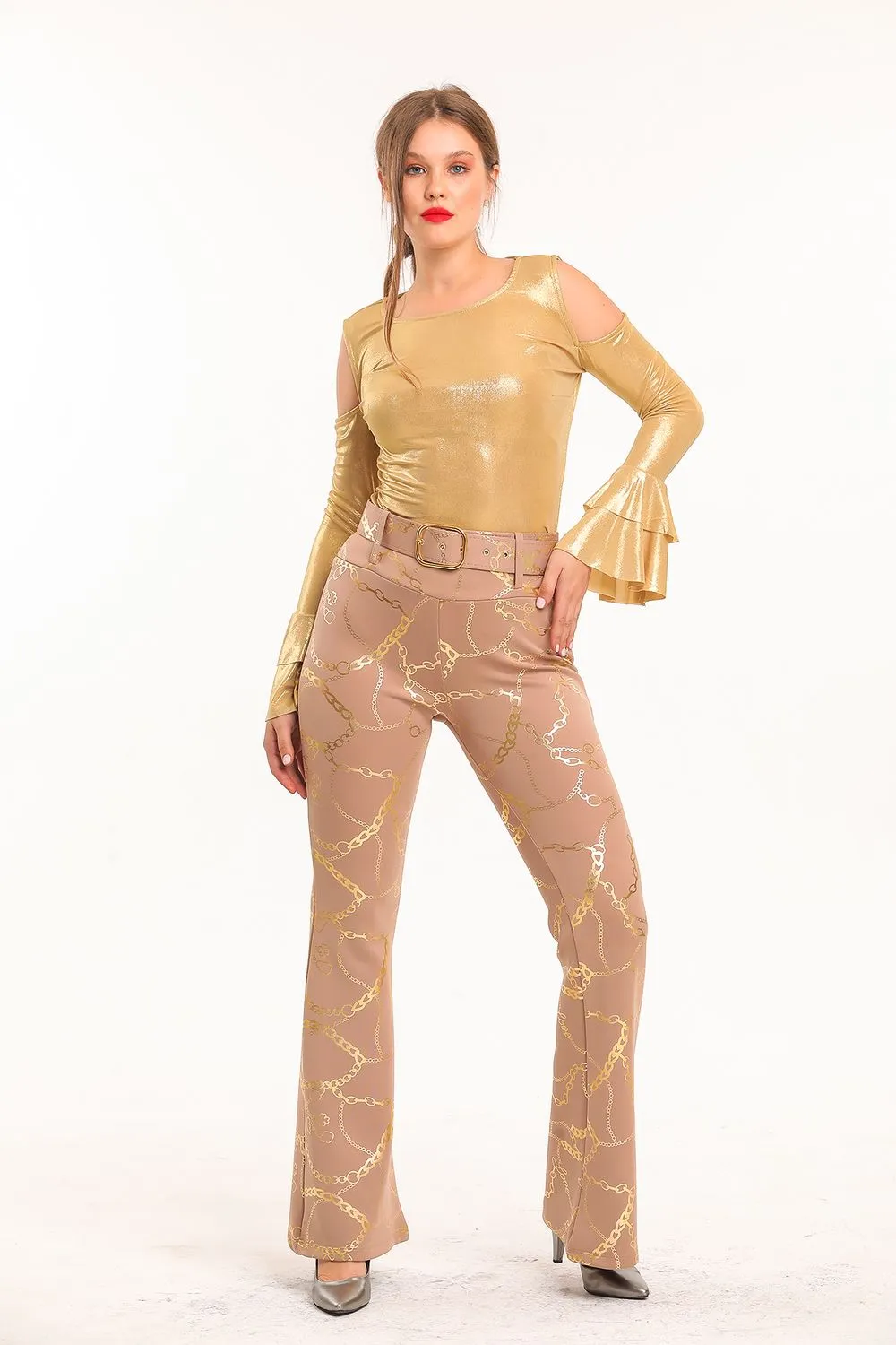 SNS Sense Vizon Gold Spanish Hem Foil Printed Scuba Pants - Federal Way
