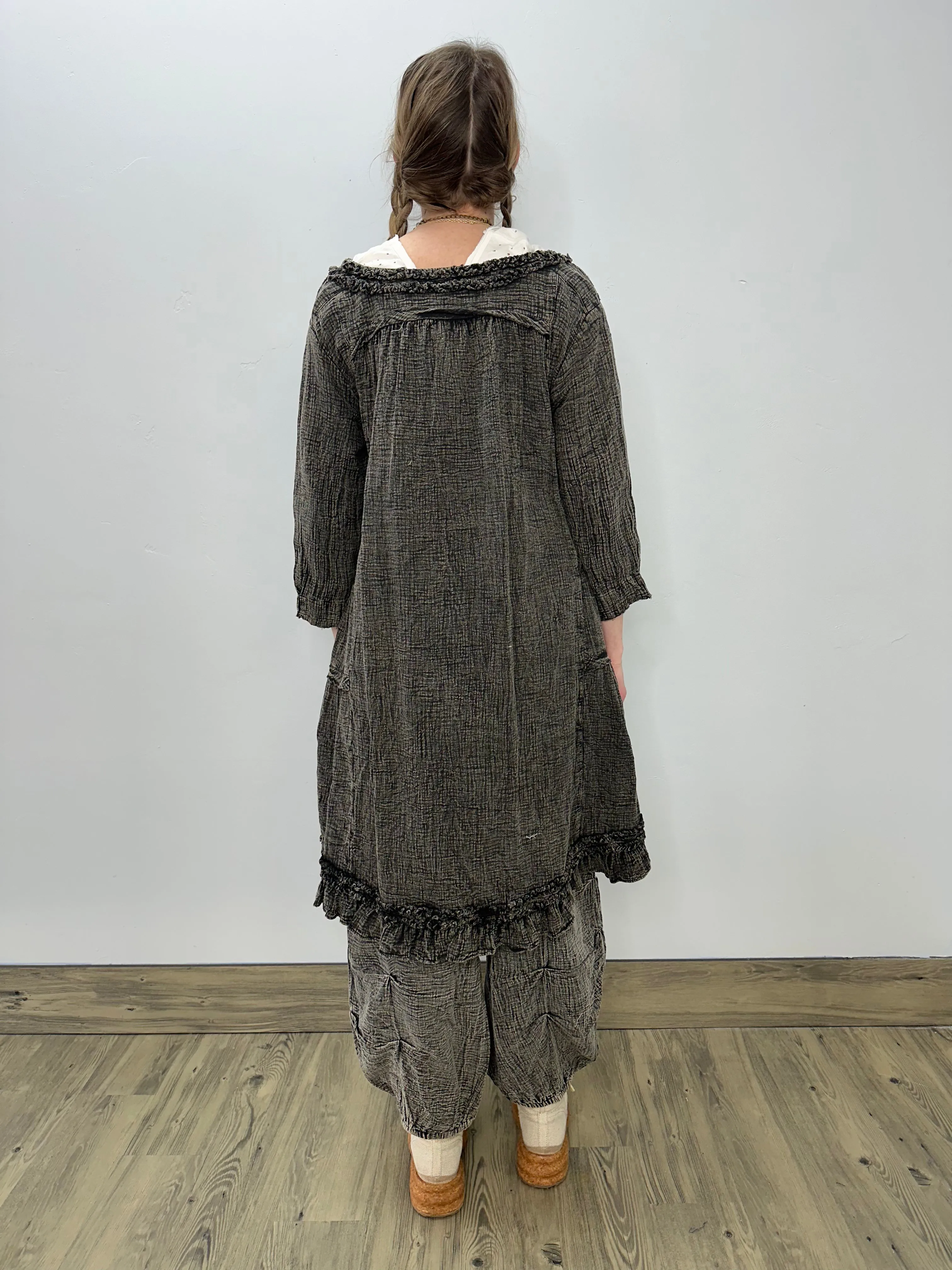 Stone Vintage Wash Button Down Tunic with Ruffles