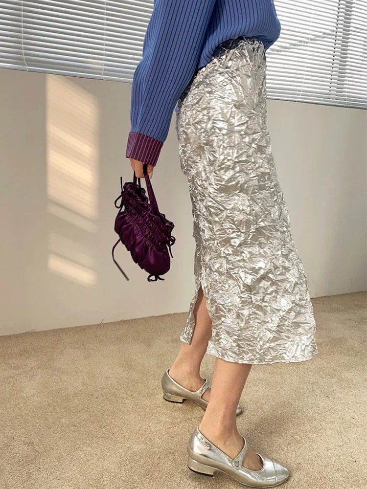 Thelma Crinkle Silver Metallic Skirt