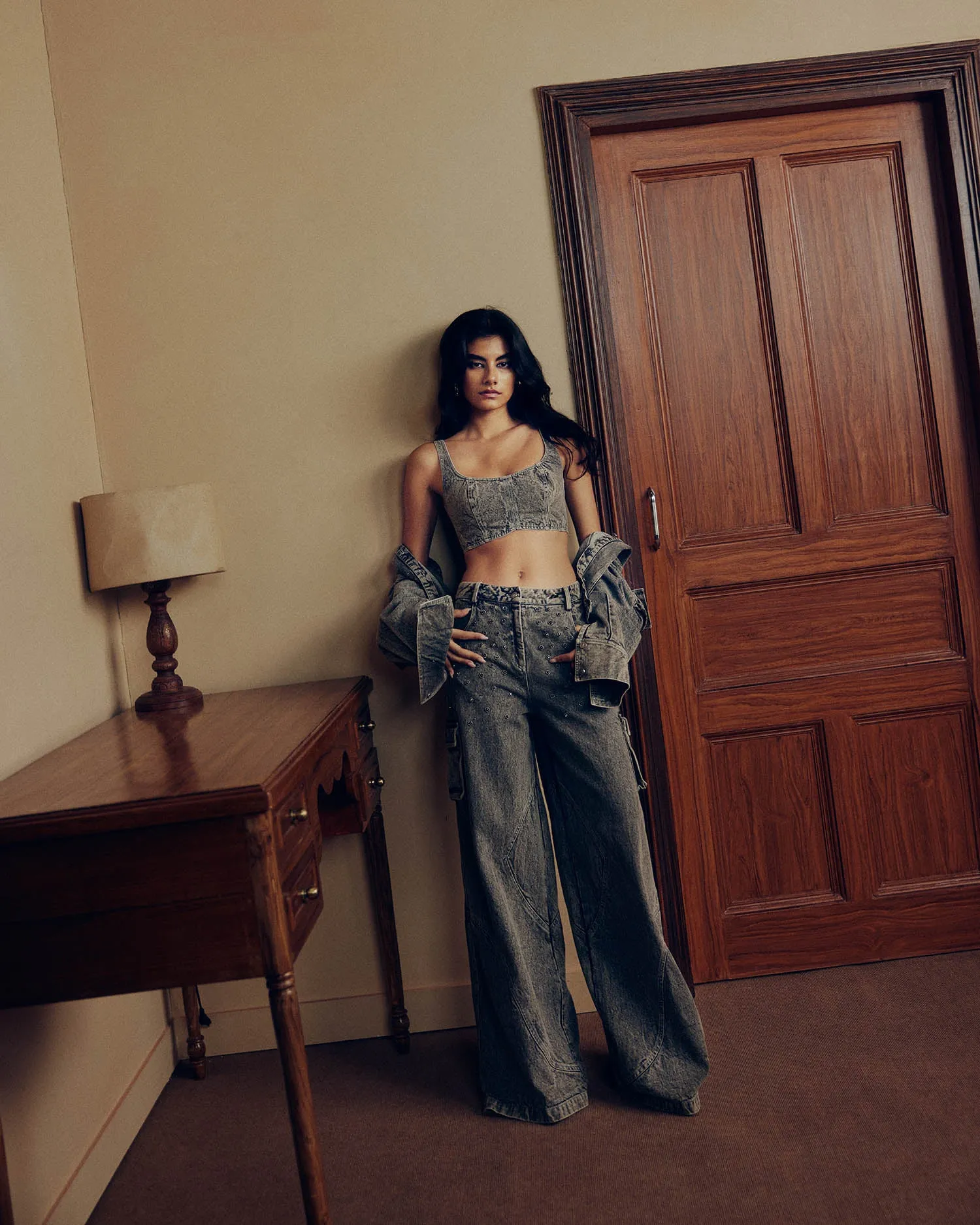 WASHED DENIM EMBELLISHED COORD SET