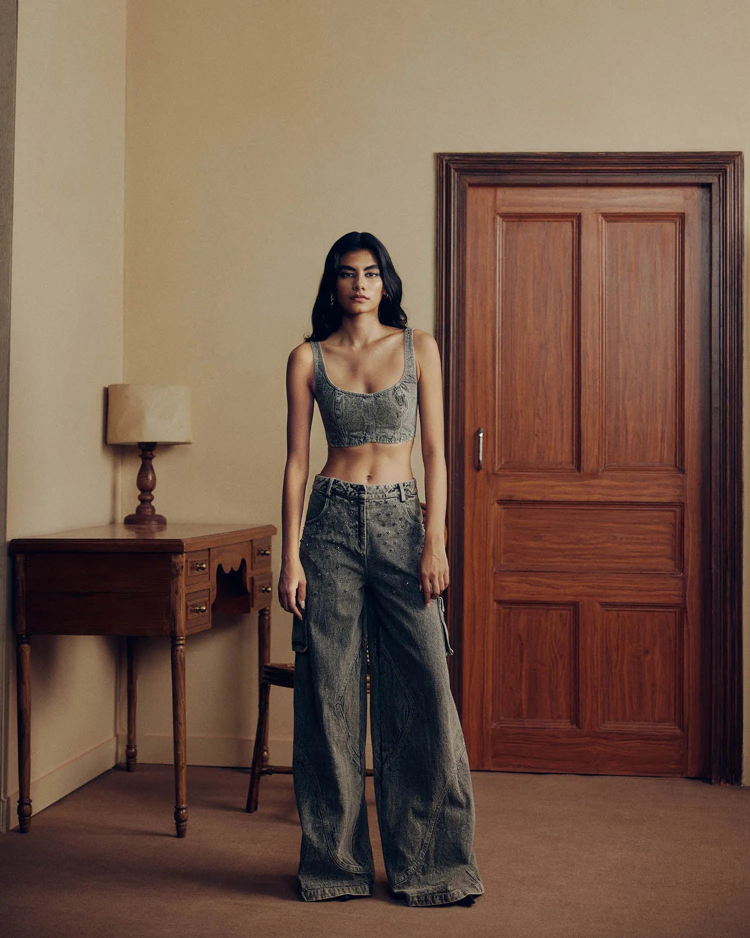 WASHED DENIM EMBELLISHED COORD SET