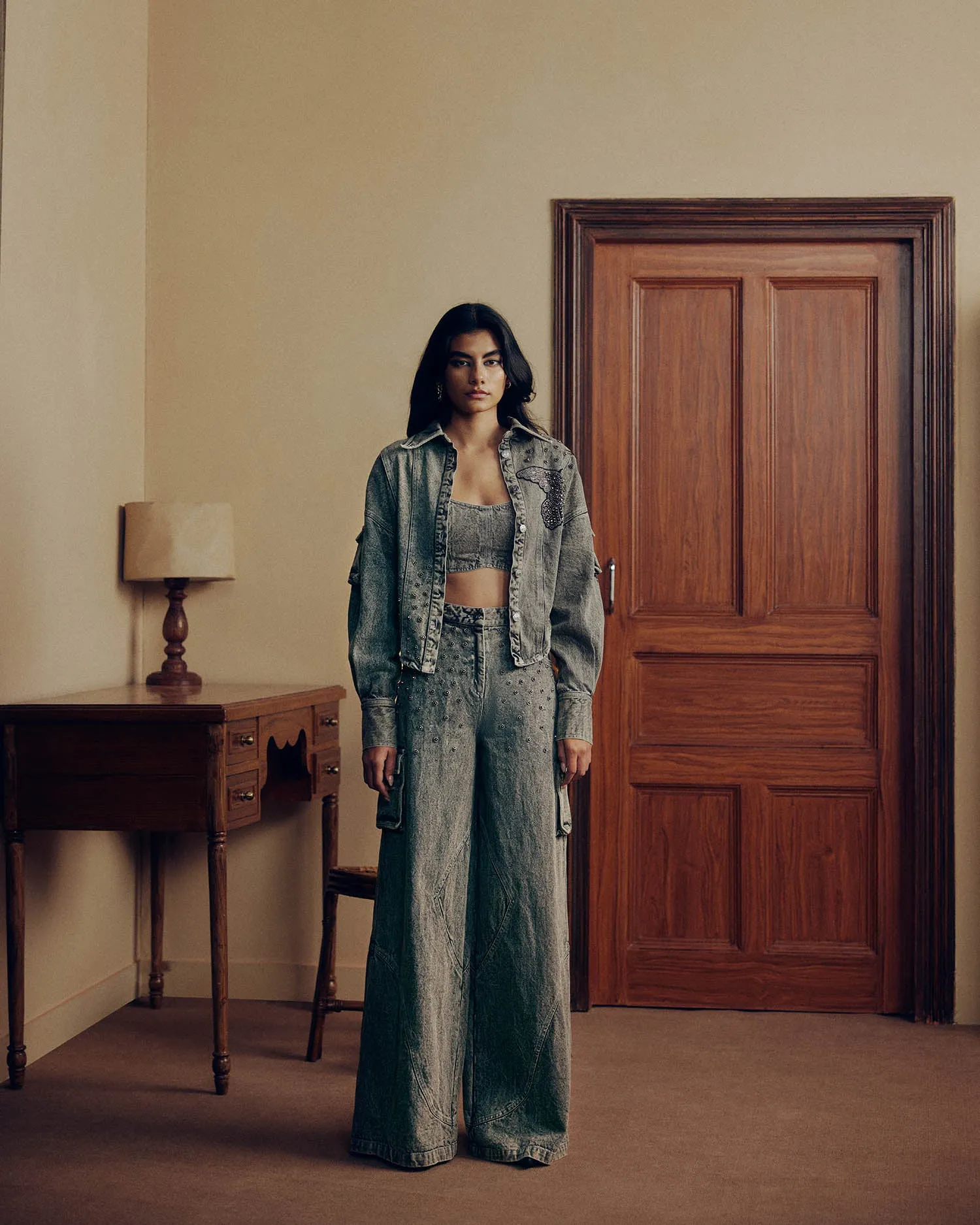 WASHED DENIM EMBELLISHED COORD SET