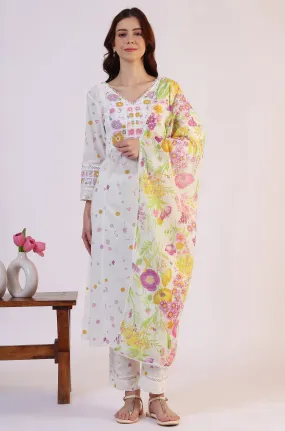 White Floral Printed Thread Work Flared Pure Cotton Kurta & Straight Pant With Dupatta Set