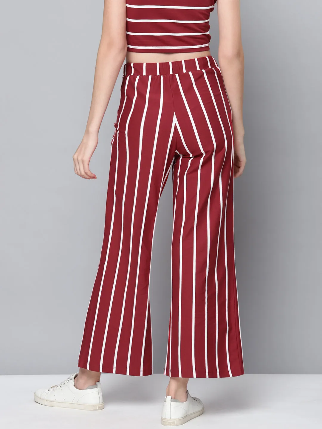 Women Maroon Stripes Drawstring Wide Leg